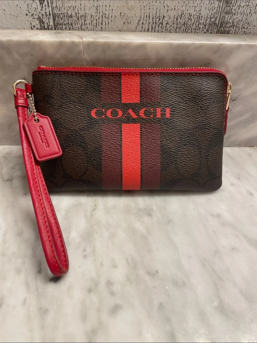 Sharp Coach Brown and Red Signature Wristlet with Red Stripe and Red Strap